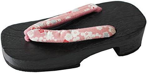 Women's Kiri Geta Black Sandal with Japanese Pink Flower Toe Straps Wide Size US Size 6.5-8 (24-25.5cm)