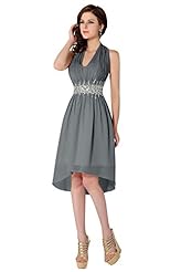 High-Low-Hem Short Ruched Beaded Chiffon Halter Sleeveless Bridesmaid Dress 