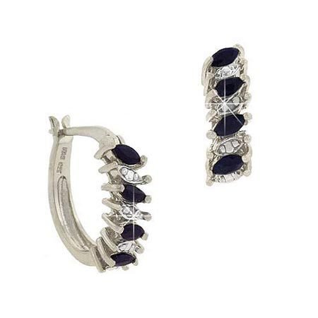Sterling Silver .925 Genuine Sapphire Stone Marquise Cut Genuine Diamond Accent Hoop Earrings