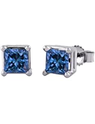 0.50 Ct Princess Cut Solid 14K White Gold Blue Diamond Stud Earrings