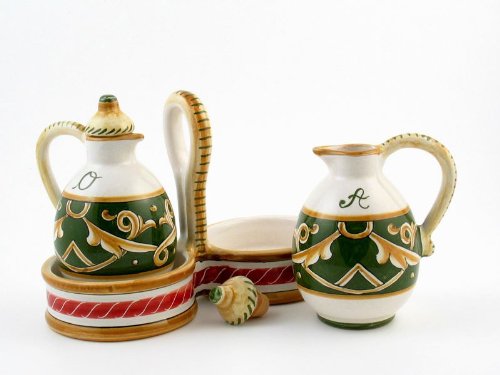 Hand Painted Italian Ceramic Oil & Vinegar Set Barocco Verde - Handmade in Deruta