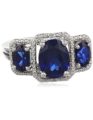 Sterling Silver Created Ceylon Sapphire and Diamond 3-Stone Ring