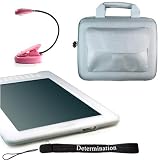 Amazon Kindle DX Combo: Semi Transparent White Silicon Skin With Gray Silver Kroo Cube Travel Carrying Pouch Case with Side Pocket + Includes a 4-Inch Determination Hand Strap Strap and a Pink 2LED UltraFlex E-Reader Mighty Light