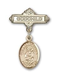14K Gold Baby Badge with Our Lady of Knock Charm and Godchild Badge Pin