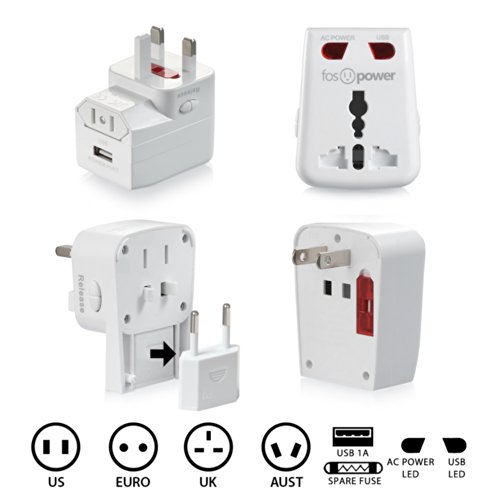 FosPower World-Wide Universal AC International Adapter Travel Charger with [1.0A] USB Charging Port (US UK EU AU) - White
