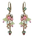 Michal Negrin Earrings with Hand-Painted Flowers, Dangle Glass Beads, Pink and Green Swarovski Crystals