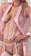 Sheer Delight Nipple Baring Cupless Bustier, Peek Panty, Sheer Robe & Stockings 4 Piece Lingerie Set