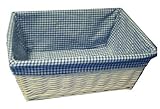 White Wicker Storage Basket With Blue Gingham Lining Large