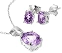 Sterling Silver Oval Amethyst Pendant and Earring Set, 18"