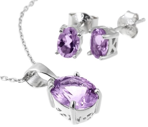 Sterling Silver Oval Amethyst Pendant and Earring Set, 18