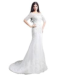 Mermaid Lace-Up Beaded Applique Elbow Length Sleeves Wedding Dress 