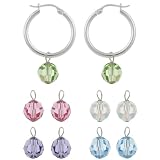 Sterling Silver Hoop Earrings with Interchangeable Aurora Boreale, Light Green, Rose, Purple and Light Blue Swarovski Element Drops