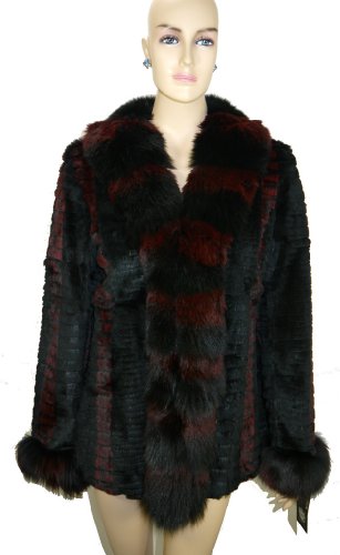 Hima Rabbit Fur Jacket with Full Fox Fur Collar and Trim XL Red