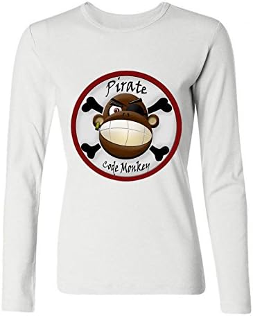 WAWPU Women's Smiling Pirate Monkey Long Sleeve T Shirt sizekey White