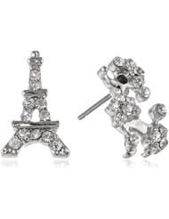 Betsey Johnson "Crystal Rhodium" Crystal Eiffel Tower and Poodle Mismatch Stud Earrings