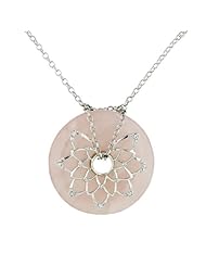 .925 Sterling Silver 38MM Donut Rosequartz with Open Flower Pendant 30" Chain