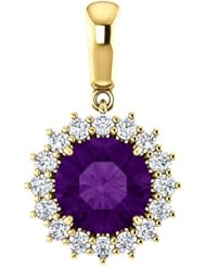 14K Yellow Gold 8.00mm Round Cut Amethyst and Diamond Pendant -- LIFETIME WARRANTY