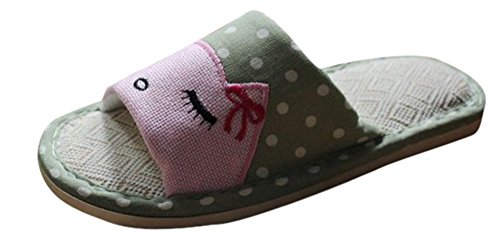 Bronze Times(TM) Unisex Premium Cartoon Cat Polka Dots Flax House Slipper (green L)