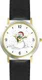 Snowman or Snow man with Scarf Christmas Theme - WATCHBUDDY&reg; DELUXE TWO-TONE THEME WATCH - Arabic Numbers - Black Leather Strap-Size-Large ( Men's Size or Jumbo Women's Size )