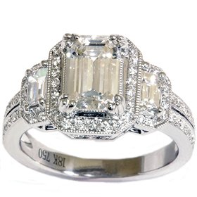 18k White Gold 2.29CT Emerald Diamond Vintage Engagement Ring