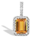 14K White Gold Genuine Emerald-cut Citrine and Diamond Pendant