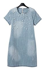 Material: Denim 
Dress Silhouette: Shirtdress  
Shoulder: Short Sleeves  
Embellishments: Beaded  
Size Category: Adult 
