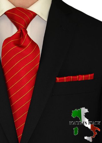 Berioni Hand Made in Italy 100% Woven Silk Mens Neck Tie + Pocket Square Jacquard Woven Tie and Hanky Set Red Yellow AD1