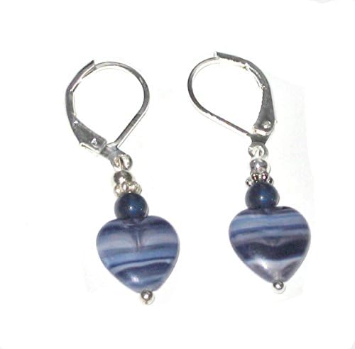 Navy Denim Hearts with Lapis Luzi Bead Silvertone Leaverback Earrings