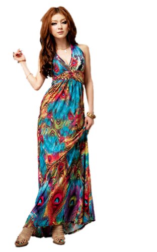 Buy Cheap Huafeng Women Colourful Boho Halter Deep V Maxi Dresses Beach Dresses Sundress Womens