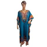 Resort Wear Womens Ethnic Print Satin Crepe Caftan Kaftan Dodger Blue Evening Dress