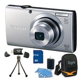 Canon PowerShot A2400 IS 16MP Silver Digital Camera 8GB Bundle