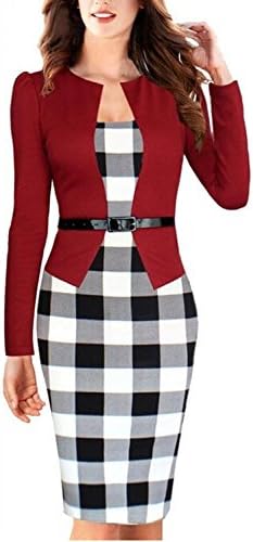 Babyonline Women Colorblock Wear to Work Business Party Bodycon One-piece Dress Red XX-Large