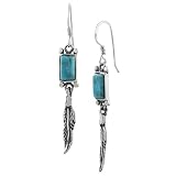 Sterling Silver Rectangle-cut Turquoise and Feather Dangle Earrings