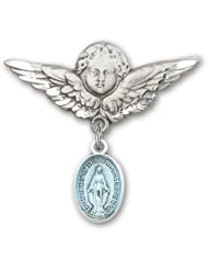 Sterling Silver Baby Badge with Blue Miraculous Charm and Angel with Wings Badge Pin