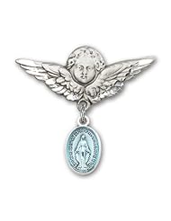 Sterling Silver Baby Badge with Blue Miraculous Charm and Angel w/Wings Badge Pin