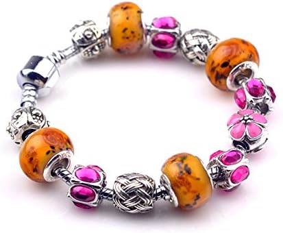 Callabero Yellow Green and Pink Bead European Flower Style Bracelet with Removable Charms Best Friend Charms (Orange)