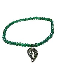 Leaf Charm Green Aventurine Beaded Bracelet .925 Sterling Silver Fashion Jewelry