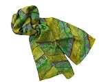 ArtisanStreet's Arches & Leaves Hand Painted China Silk Scarf. Features Diagonal Bands of Arches & Leaves with Square Dots in Green with Neutral Band. One Of A Kind. Signed By Artisan.