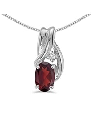 10k White Gold Oval Garnet And Diamond Pendant with 16" Chain