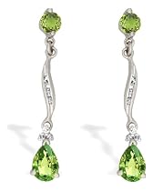 14K White Gold Genuine Pear Peridot and Diamond Dangle Drop Earrings