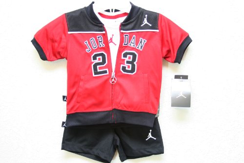 Nike Jordan Infant Baby 3 Piece Sport Set, Red and Black Jacket with White T-shirt and Black Shorts; New (12 Month)
