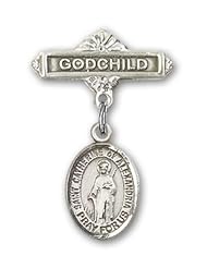 Sterling Silver Baby Badge with St. Catherine of Alexandria Charm and Godchild Badge Pin