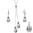 Natural Lavender Isabella Cultured Pearl Drop Rose Lariat and Drop Earrings Set in Platinum Overlay CAREFREE Sterling Silver