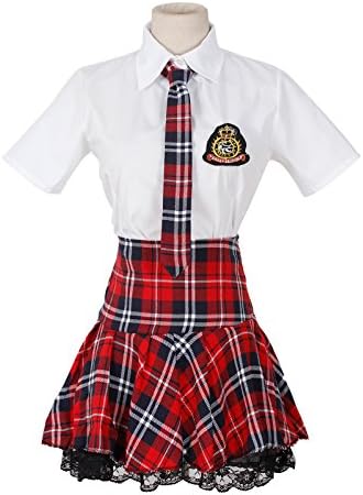 Nouqi® Women Dress School Girls Uniform Red Plaid Pleated Black Lace Skirt