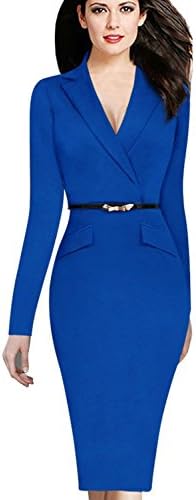JOYEASYBUY Women's Long Sleeve V Neck Button Wear to Work Business Office Sheath Dress Blue Medium