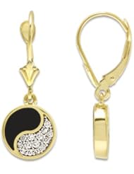 Black Coral Yin Yang Earrings with Diamonds in 14K Yellow Gold - 10mm