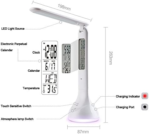 Huixinda Foldable Dimmable LED Desk Lamp, Touch-sensitive Controller, with Calendar Clock Thermometer 7 Color Changing Night Light (White)