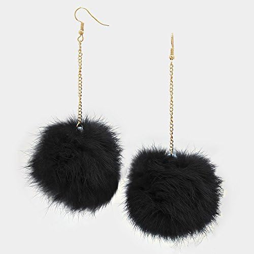 Genuine REX Rabbit FUR POM POM Dangle Earrings Fish Hook Back in White Black Greay Blue (black)
