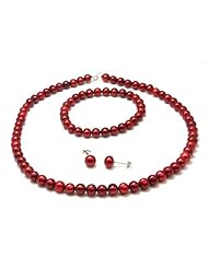 Toc Red Freshwater Pearl Necklace Bracelet and Earring Set
