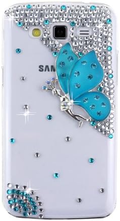 Ancerson New Blue Butterfly Fairy Angel Girl Spirit Lady 3D Handmade Luxury Shining Glitter Crystal Diamond Rhinestones Protective Hard Back Case Cover Shell Skin for Samsung Galaxy Grand 2 II G7100 G7102 G7105 G7106 with a Pink Stylus Touchscreen Pen, a 3.5mm Universal Lovely Pig Dust Plug and a Bow Bowtie Bowknot Earphone Jack - Retail Package (Transparent Clear Case)